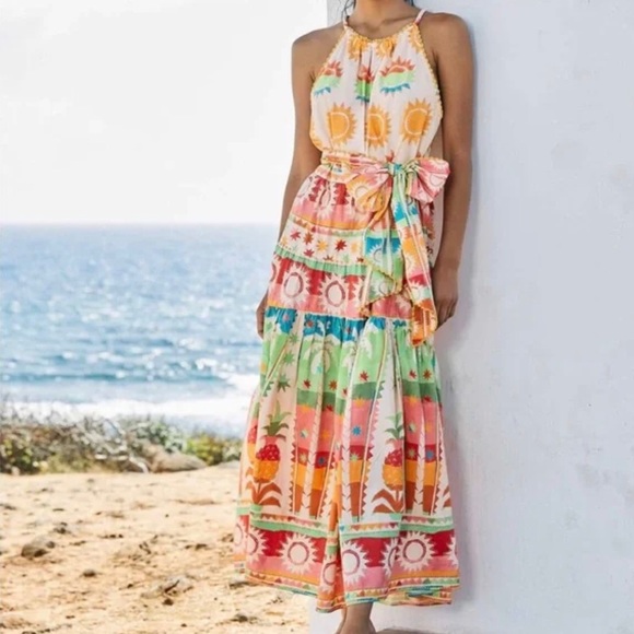 FARM Rio Dresses & Skirts - FARM Rio Multicolor Sun & Palm Maxi Dress - Cream, Pink, Green, Orange, Blue